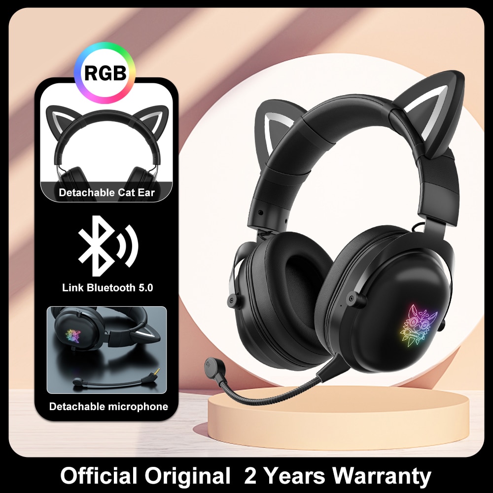ONIKUMA K9 Pink Cat Ear Headphones With RGB LED Light Flexible Mic