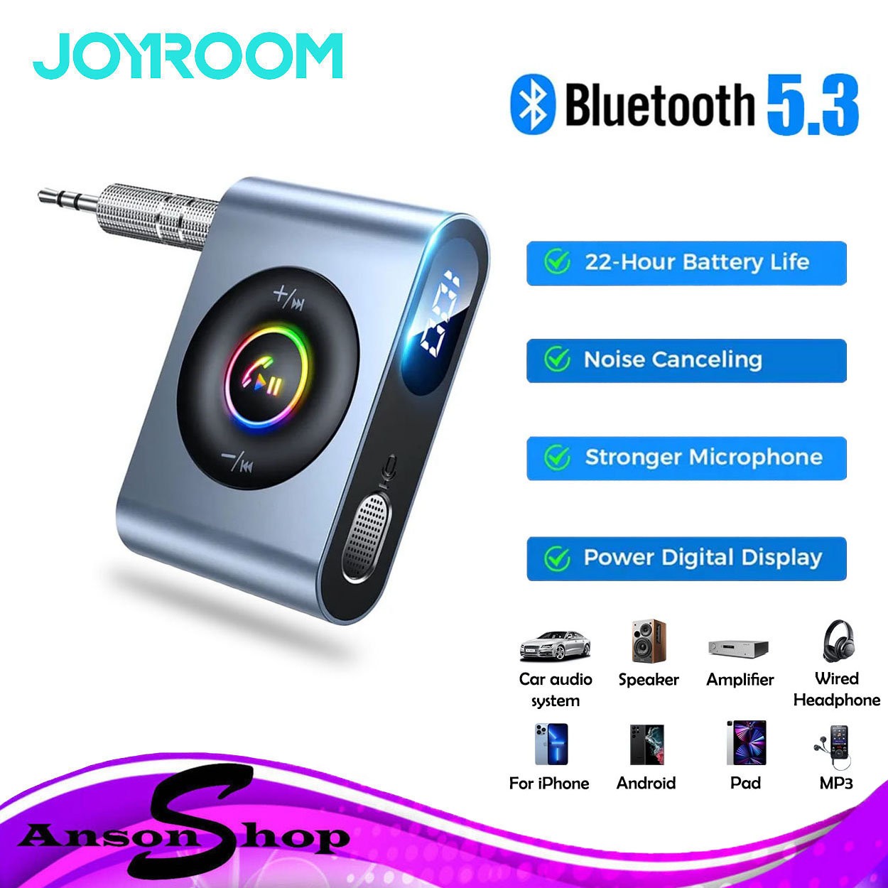 Joyroom 3 in 1 Car Aux Bluetooth Car Adapter Handfree Bluetooth 5.3  Adaptador Wireless Magnetic Audio Receiver MP3 Player LED 3.5mm AUX Radio  Modulator