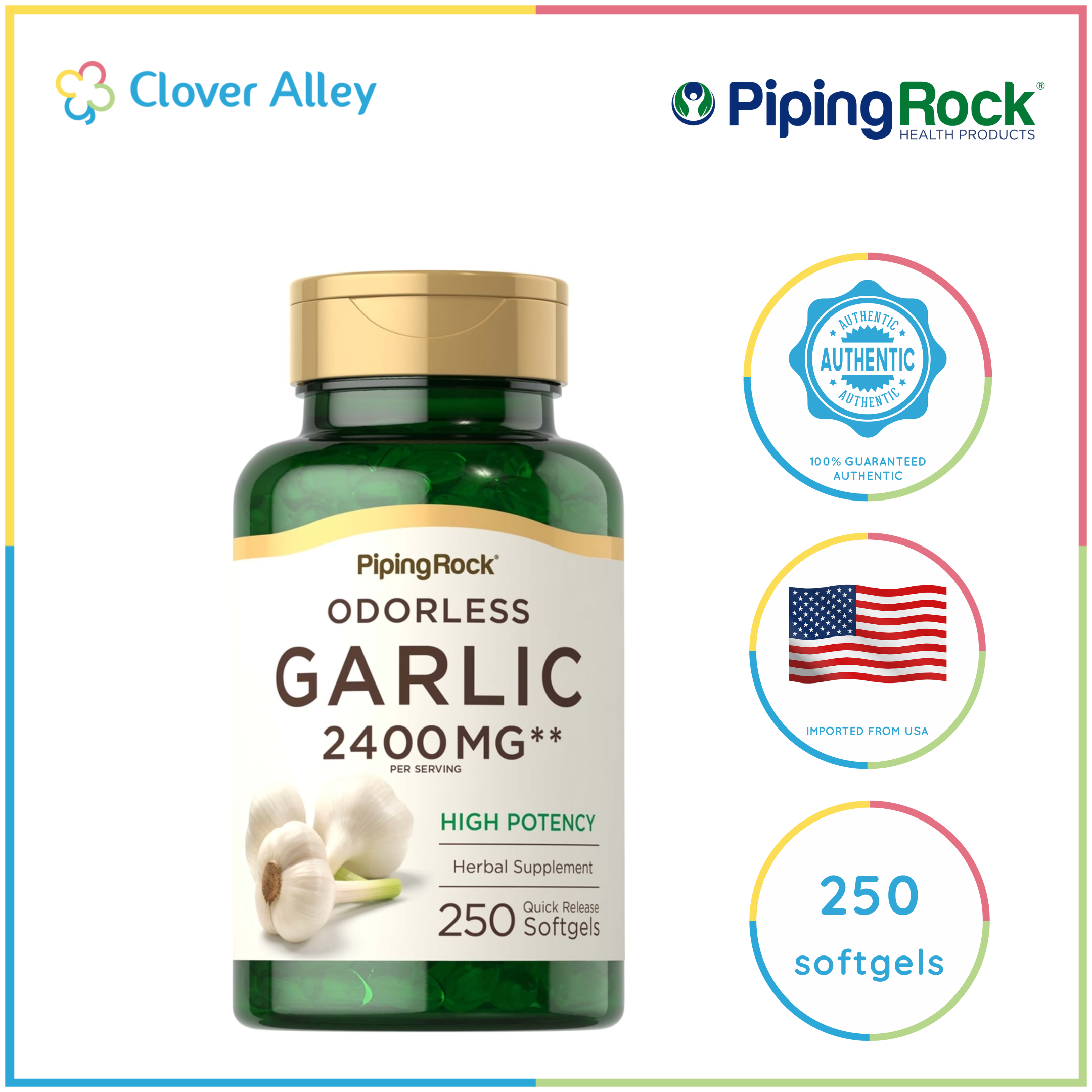 Pipingrock Odorless Garlic, 2400mg (per serving), 250 Quick Release Softgels Lazada PH