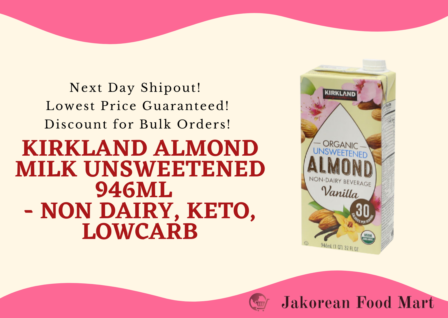 Kirkland Almond Milk Unsweetened 946ml Non Dairy, Keto, Lowcarb