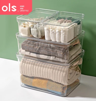 OLS Transparent Pantry Organizer Makeup Condiments Food Bins Container Storage Box Desk Cutout Handle WITH LID/COVER
