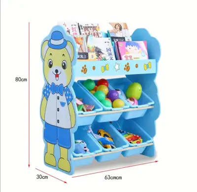 2 LAYERS CARTOON TOY STORAGE WITH BOOK RACK and PLASTIC BINS