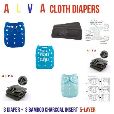Alva BABY Cloth Diapers Washable Cloth Diapers 3 Sets Boy Colors 3 Alva Cloth Diaper with bamboo charcoal insert-5 layer