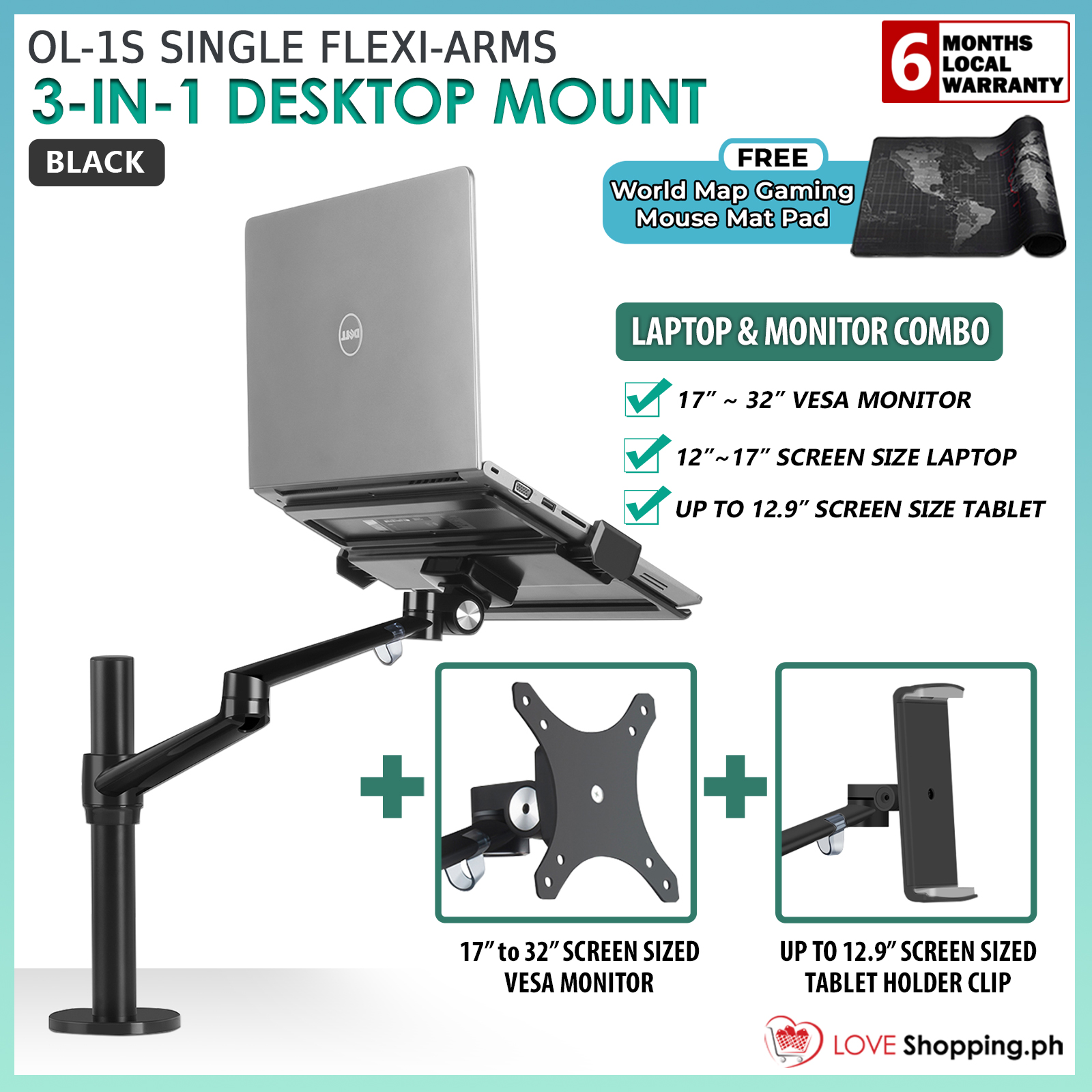 OA1S OL1S Single Arm Aluminum Laptop and Monitor Desk Mount Laptop