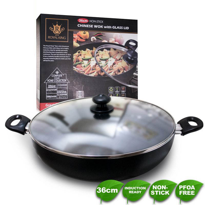 36cm Non-Stick Wok w/Glass Cover