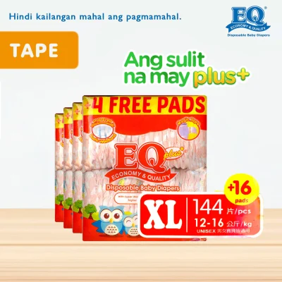 EQ Plus XL (12-16 kg) - 36 pcs x 4 packs (144 pcs) - Tape Diapers