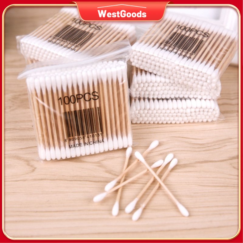 WestGoods 100Pcs Double Headed Wooden Stick Cotton Swab Tampon Clean