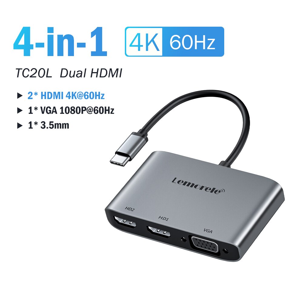 Lemorele 2 Port USB C Hub To Dual HDMI-4K 60HZ Dual Screen Expansion ...