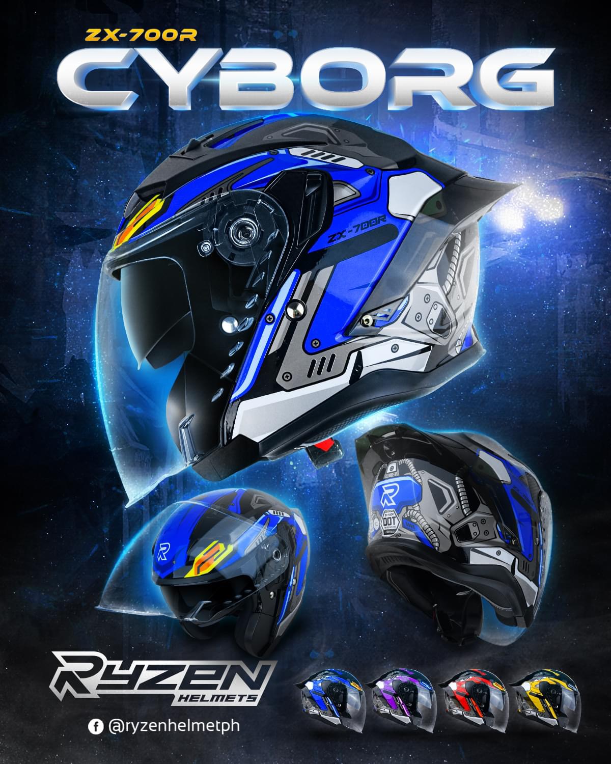 RYZEN ZX-700R CYBORG HALF FACE DUAL VISOR HELMET (CLEAR LENS ONLY
