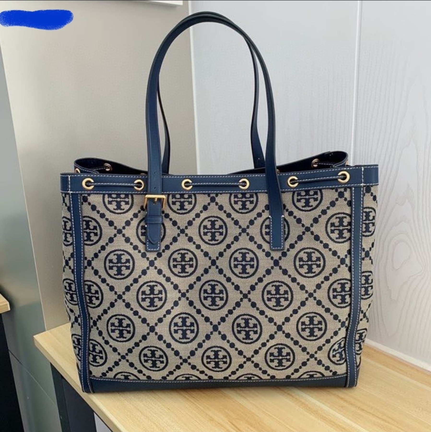 .Y . 80644 T Monogram in Navy Blue Woven Jacquard Tote Bag  with Fine Leather Trim and Drawstring Closure - Women's Bag | Lazada PH