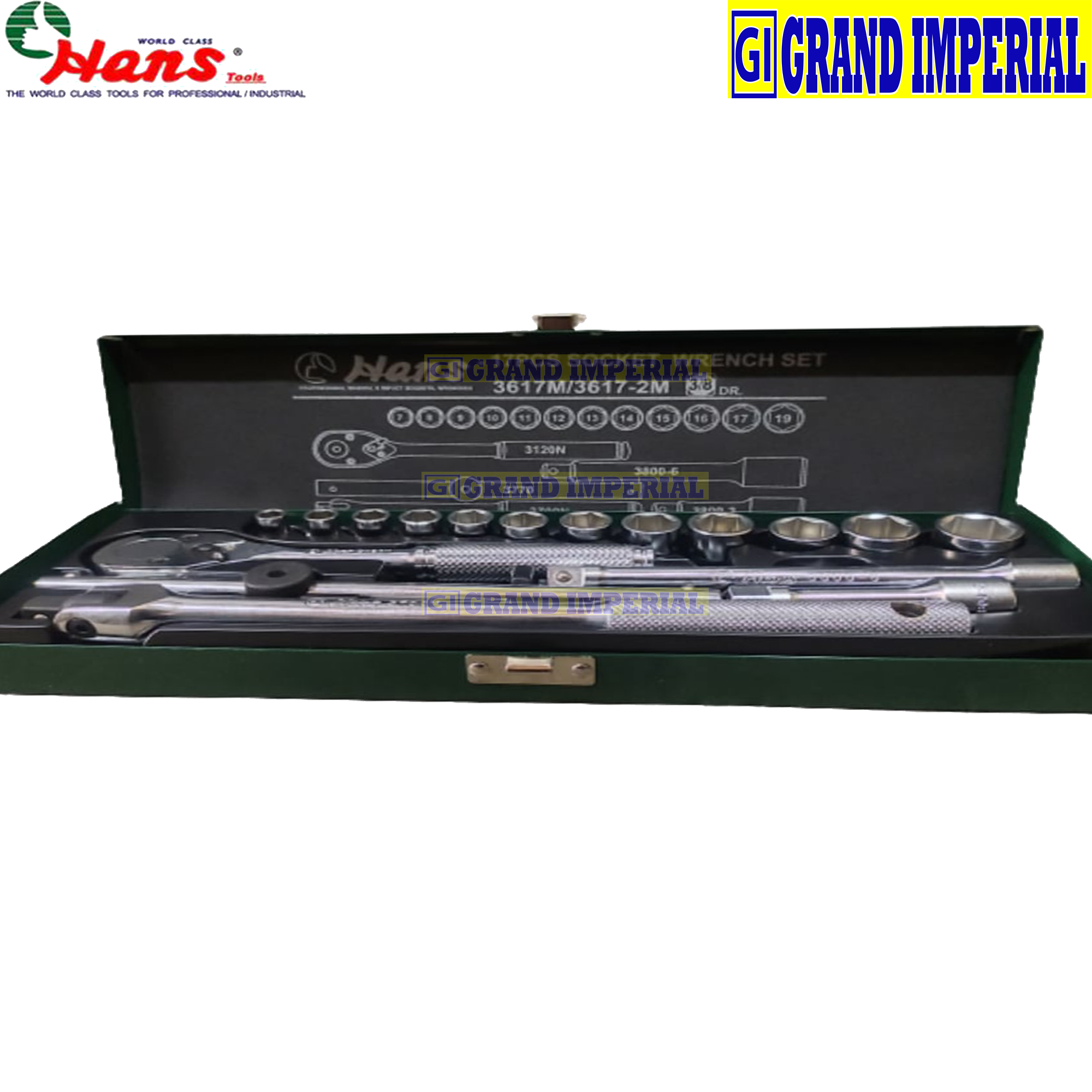 Hans Socket Wrench Set 17 Pieces 3/8" Square Drive 6 Points 3617M 7mm