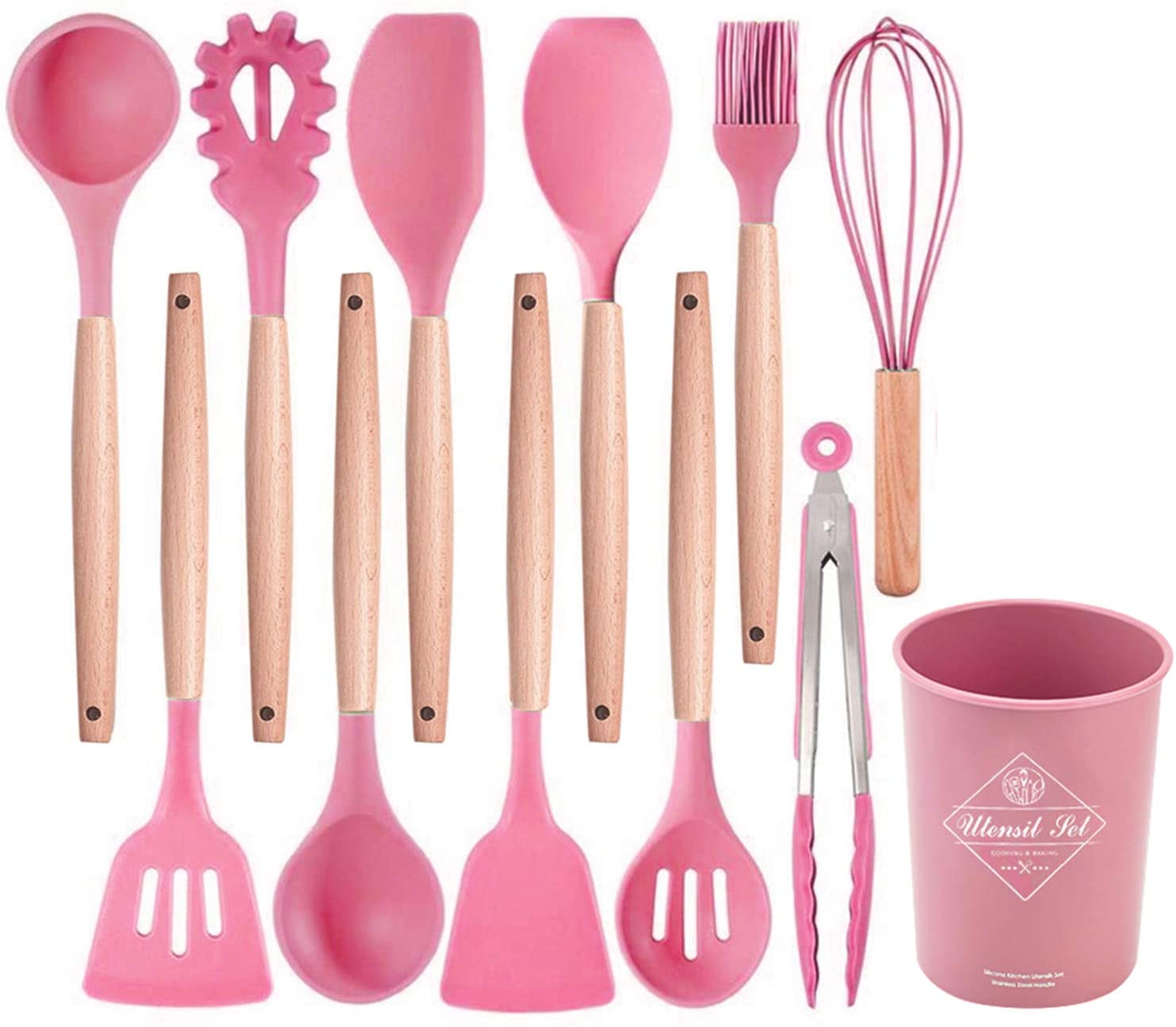 9 or 12pcs Pink Cooking Tools Set Premium Silicone Kitchen Cooking Utensils  Set with Storage Box Turner Tongs Spatula Soup Spoon
