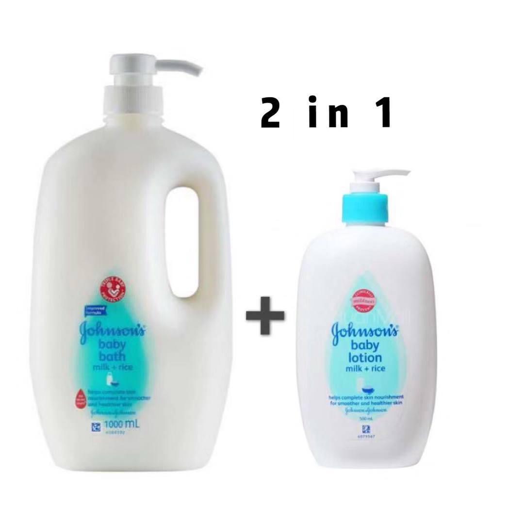 ( 2 in 1 ) Baby Johnson`s Baby Bath+RIce 1000ML + Baby Milk Lotion