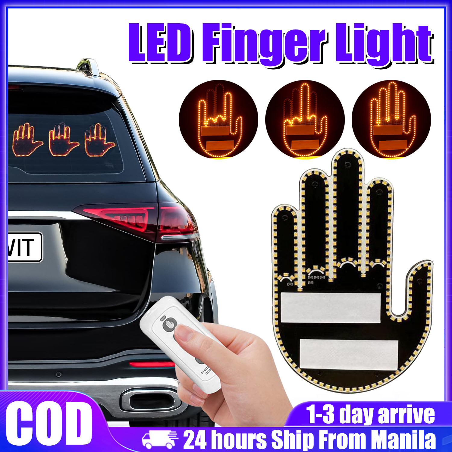 Funny Car Finger Light with Remote 176 LED Signs Middle Finger