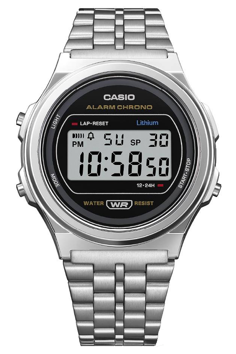 thumbnail interactive-video image 1 of Casio A171WE-1A Digital Watch - Stainless Steel, Chronograph, Alarm, Day/Date, 7 Year Battery 1 of 3