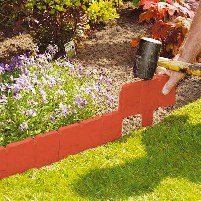 10Pc Orange Red Garden Fence Edging Cobbled Stone Effect PP Lawn Edging Plant Border Decorations Flower Bed Border