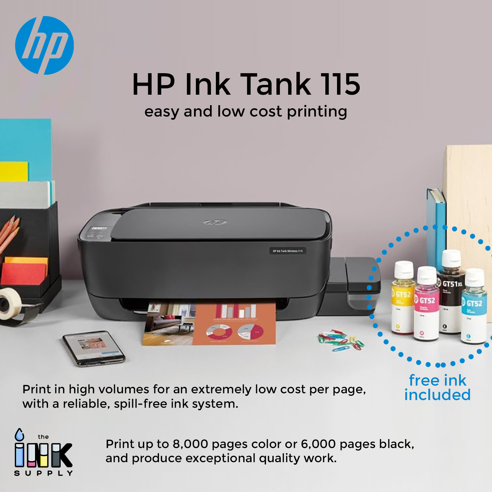 HP Ink Tank 115 with FREE INK Low Cost Affordable Continuous Ink Refill ...