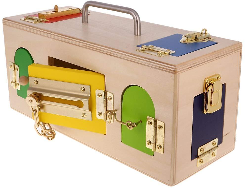 Montessori Colorful Wooden Lock Box Toy with 10 Different Doors