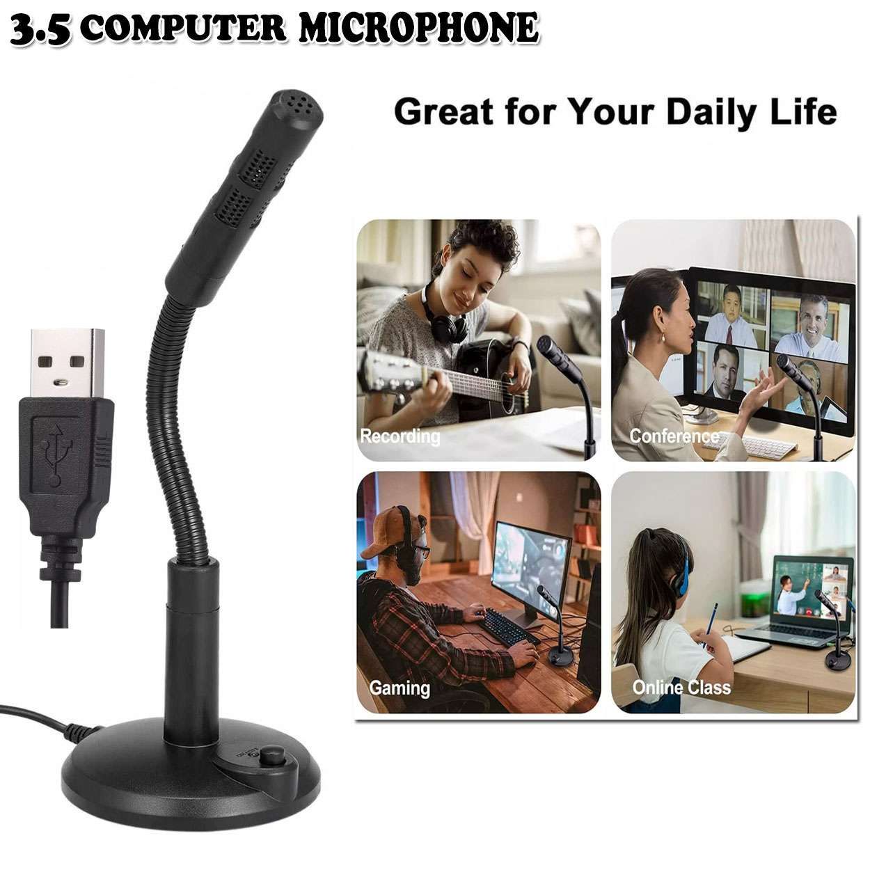 Stand Mic for Desktop PC Adjustable USB Laptop Microphone Mini Studio