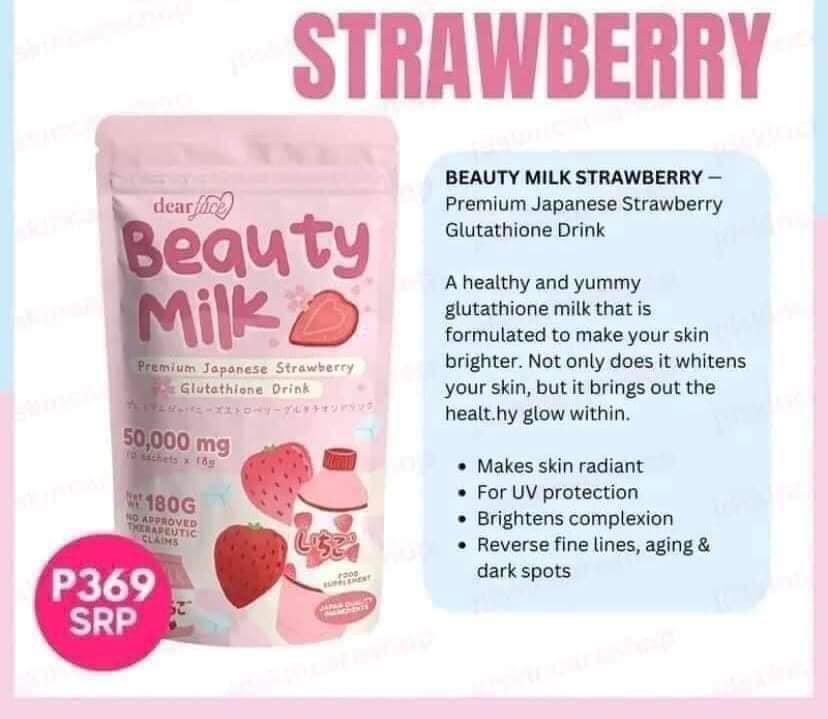 beauty milk glutathione review Dear Face Beauty Milk Strawberry Glutathione, Melon Collagen, Lychee Swiss  Stemcell, Banana Probiotic, Beauty Bean Coffee, Green Tea Garcinia Cambogia  Probiotics Biotin Stevia, Pampapayat Keto Weight Loss Detox Slimming Drink  Pampaputi Whitening