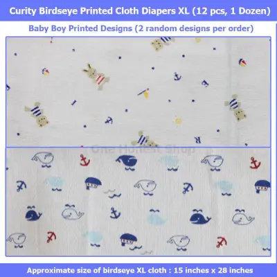 Curity Birdseye Printed Designs Cloth Diaper XL (Lampin, Baby Boy or Baby Girl Set, 12 pcs - 1 Dozen)