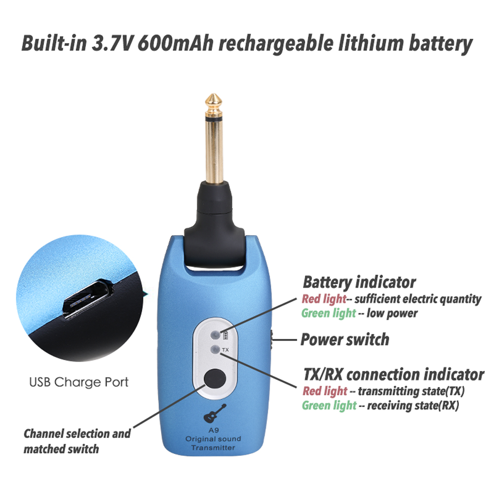 2.4G Wireless Guitar System Electric Guitars Transmitter and Receiver Set Built-in Rechargeable Battery 30M Transmission Range
