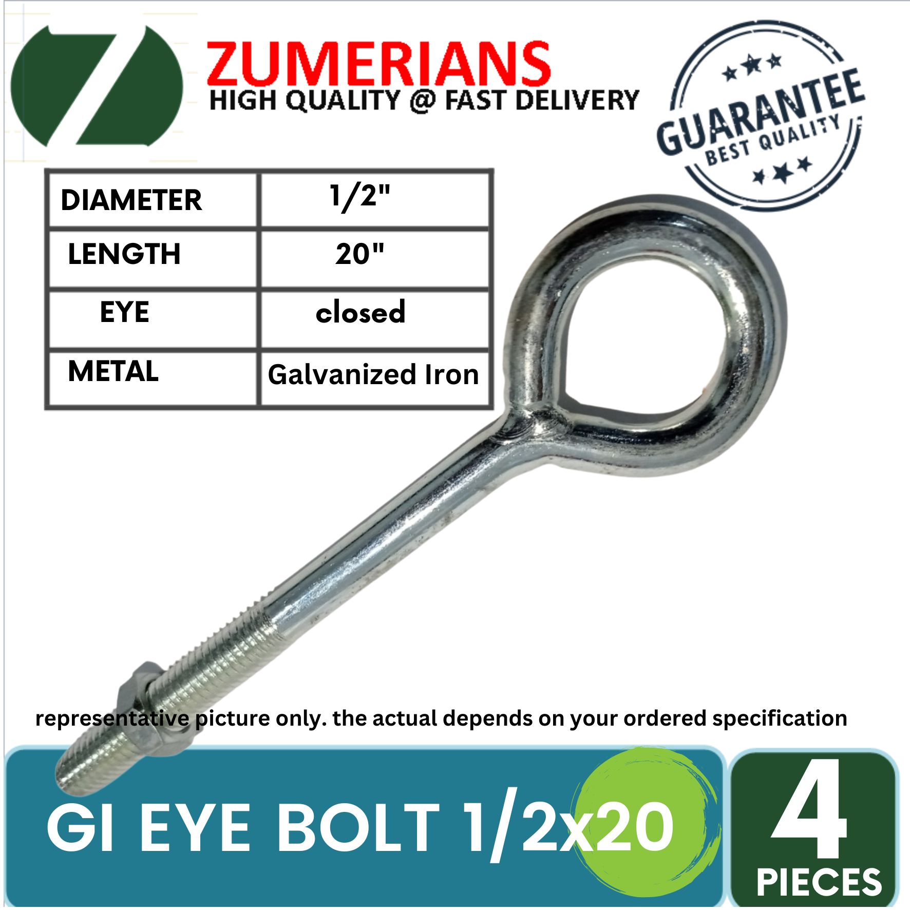 GI Closed Bent Eye Bolts 1/2 , Galvanized Iron , Size 1/2 inch diameter
