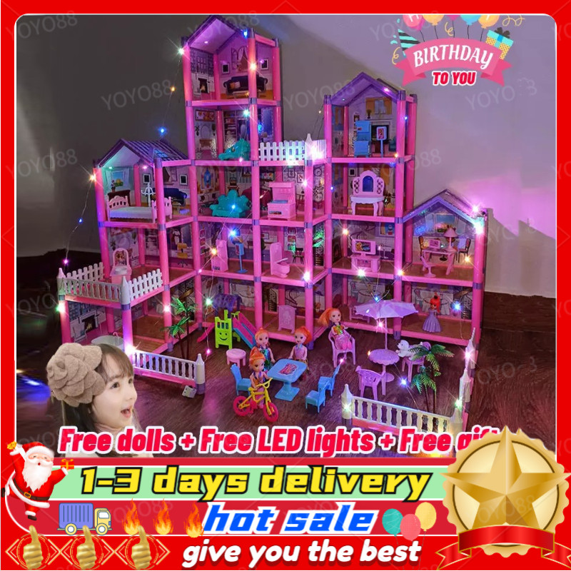 Free 2PCS dolls + Fairy Lights] SALE Big Dollhouse Multiple Floors Girls  Kids Dream Barbie Doll House with Simulation Furnitures Set Castle toy  Barbie house doll house princessDIY Dollhouse Miniature Furniture Kit