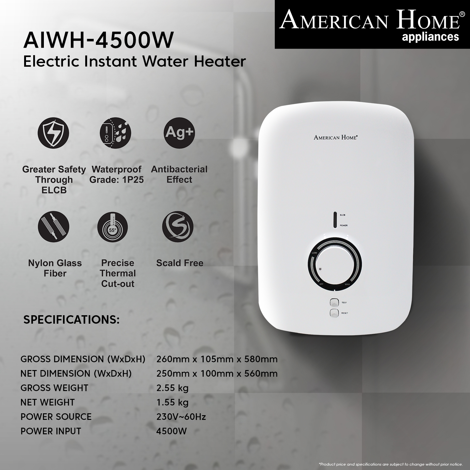 American Home Instant Water Shower Heater Single Point Knob Control  AIWH-4500W | Lazada PH