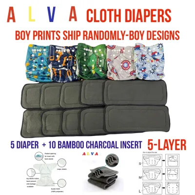 Alva Washable Cloth Diapers 5 DIAPER with 10 PCS 5-LAYER BAMBOO Charcoal Insert will SHIP BOY PRINTS Random Designs