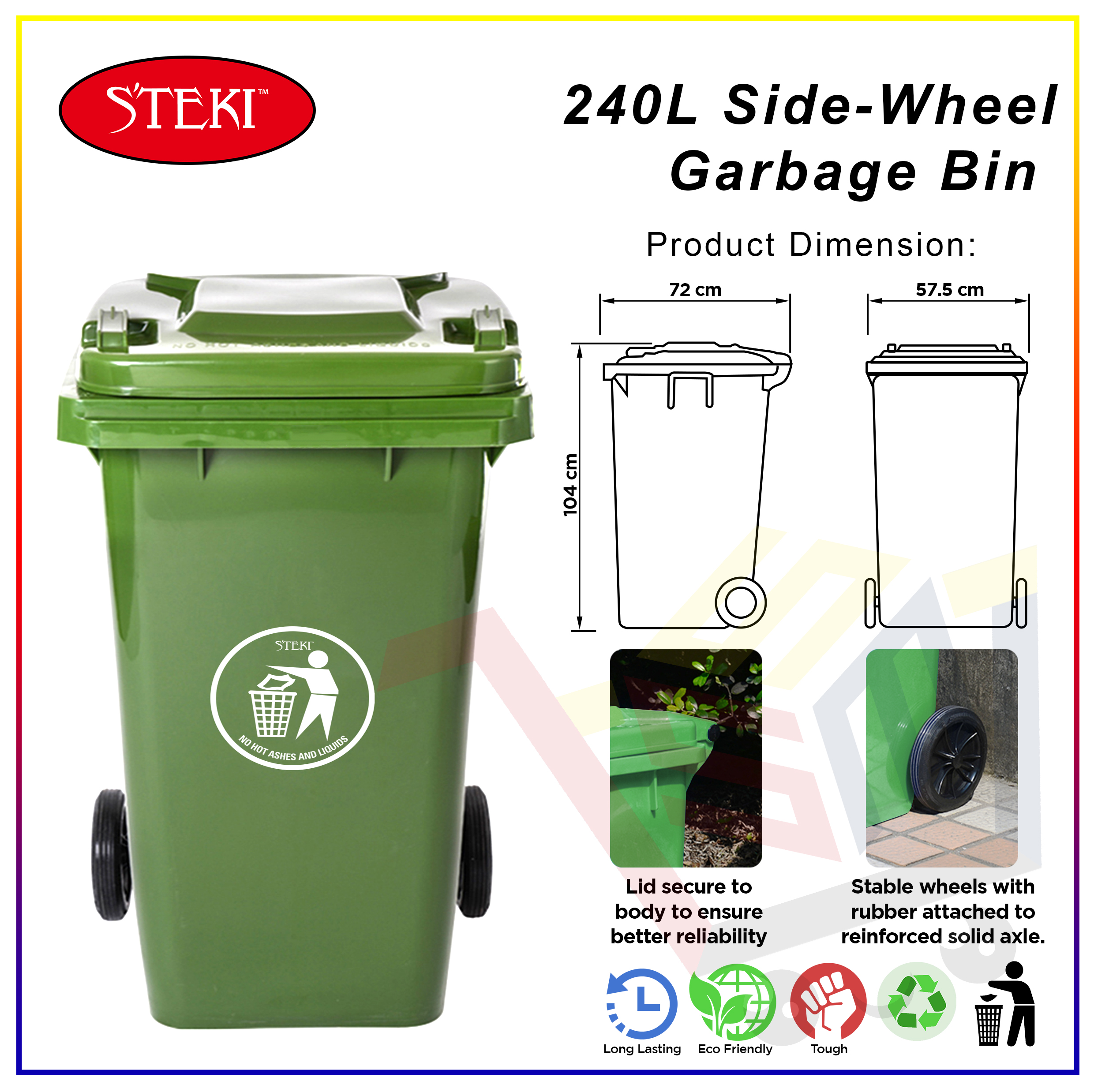 STEKI™ 240L Side-wheel Garbage Bin/Trash Bin/Waste Bin