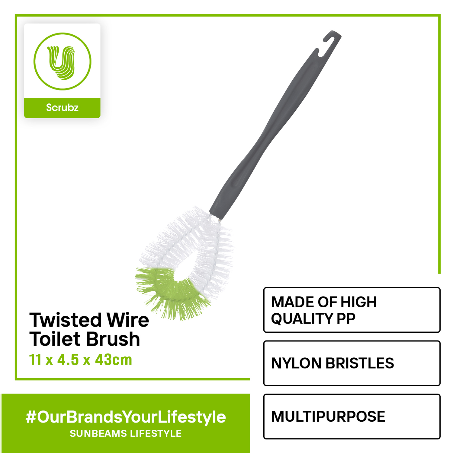 SCRUBZ Premium Twisted Wire Toilet Brush Easy Grip Handle Heavy Duty