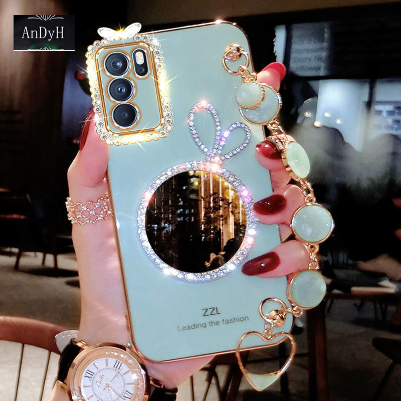 AnDyH Precise camera protection case For OPPO A16 2021 cases Bunny makeup mirror with gemstone bracelet