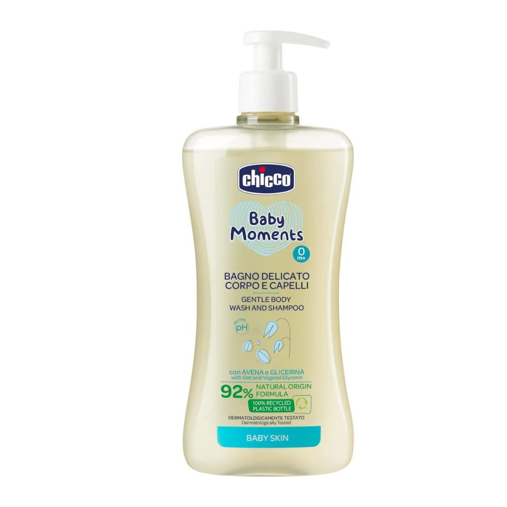 All New Chicco Baby Gentle Body Wash and Shampoo 500ml Baby Moments 92%  naturally derived-ingredients for baby's delicate skin