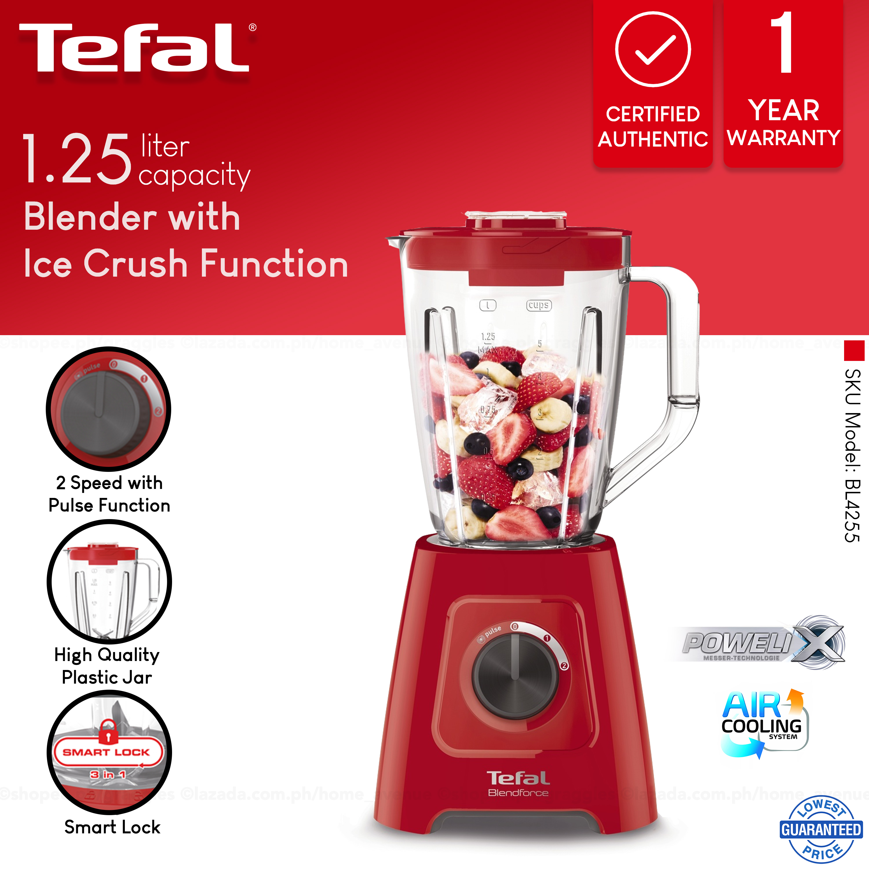 Tefal 1.25L Blendforce 2 Blender with Ice Crush Function BL4255 (Red) Lazada PH