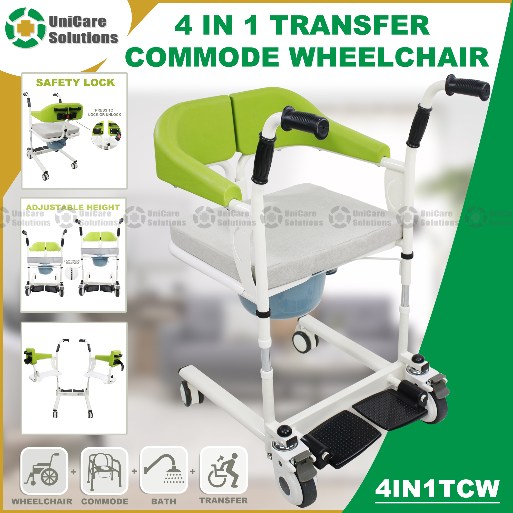 UniCare Solutions 4 in 1 Transfer Commode Wheelchair with Toilet Transfer Commode Adjustable