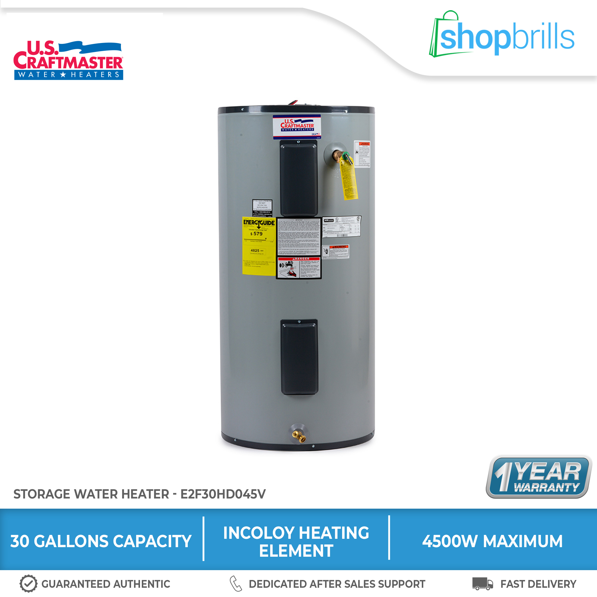 US Craftmaster 40 Gallons Storage Water Heater (Grey) Dual Heating