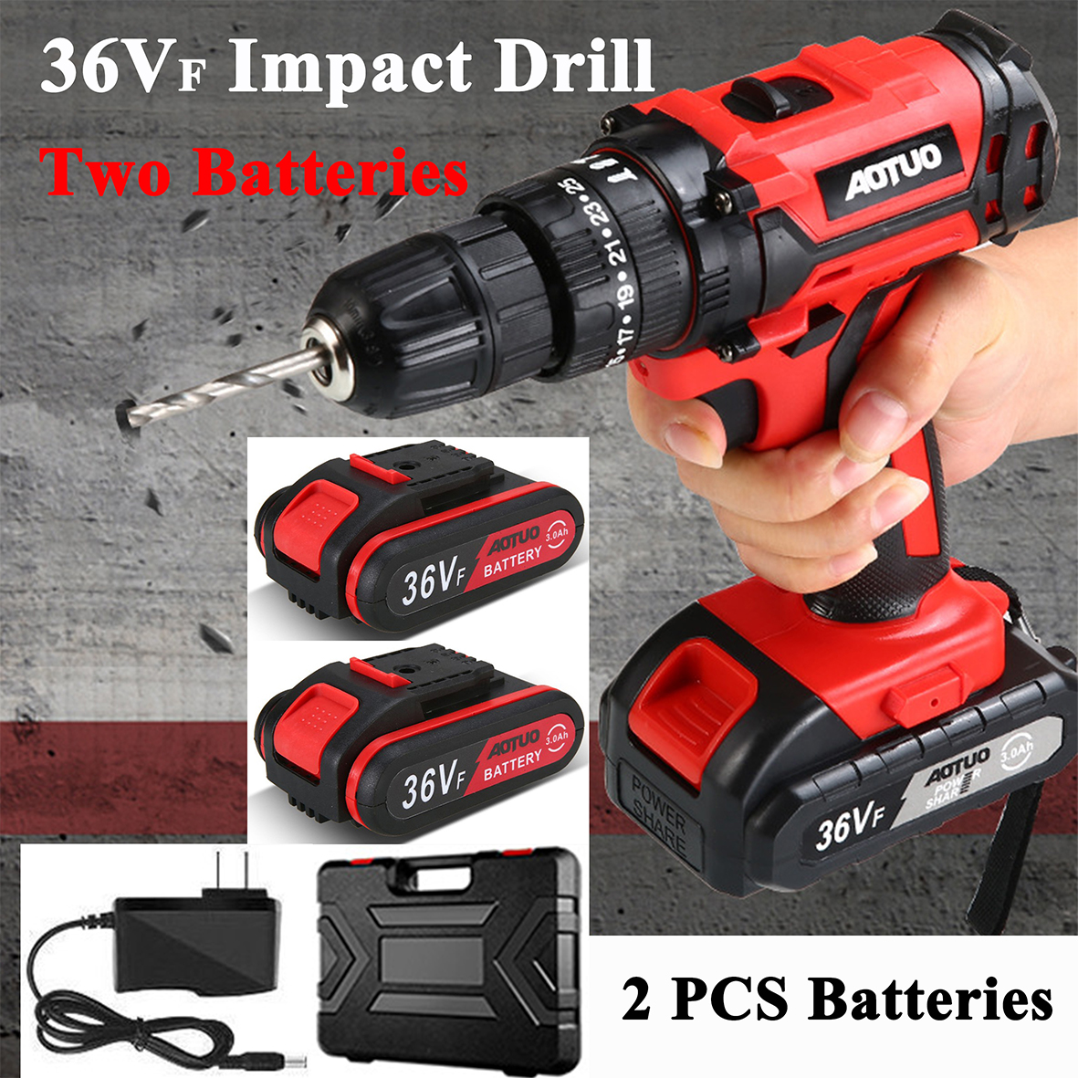 36VF Cordless Impact Drill With Hammer Double Speed With 2 Liion