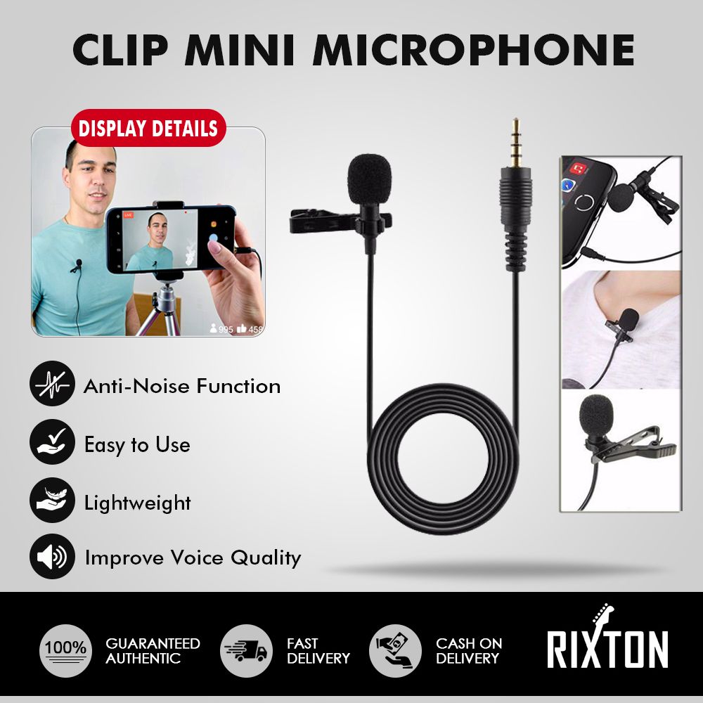Rixton Clip Microphone Black 3.5mm/Type C Mini Jack Microphone Tie Clip