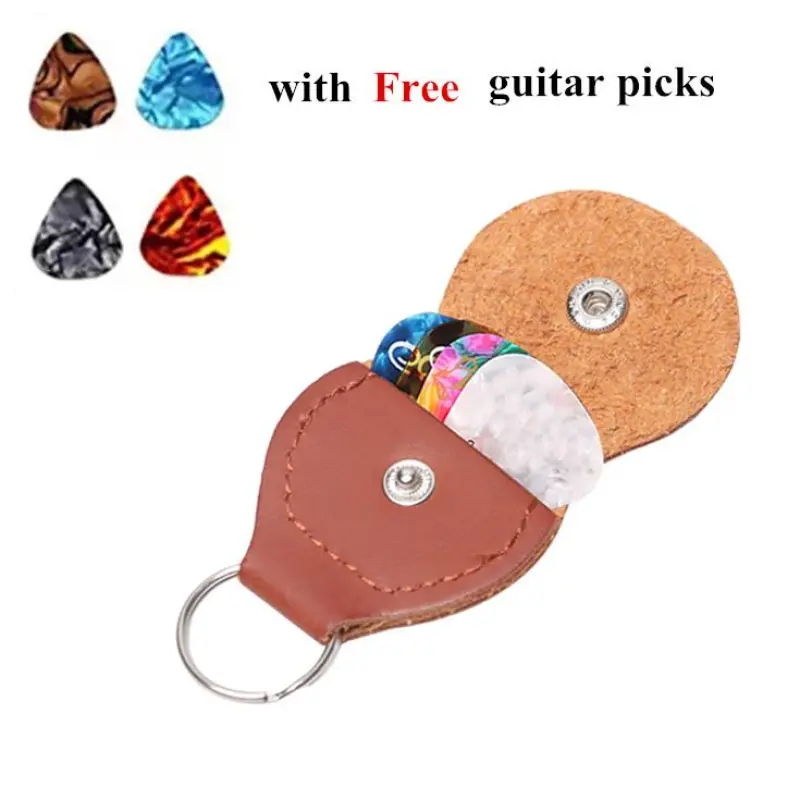 Keychain Guitar Picks Holder Bag - 4 free guitar picks - Leather Black/Brown
