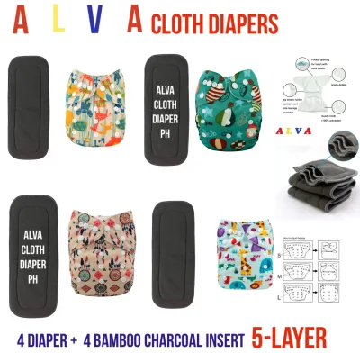Alva Cloth Diaper 4 Sets with Bamboo Charcoal Insert Unisex Designs wil Ship Random