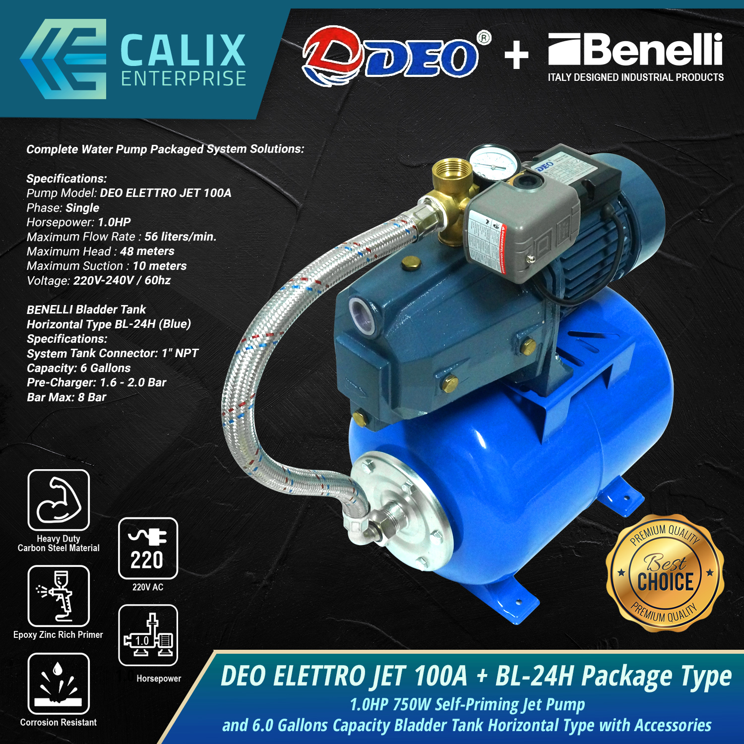 Self Priming Jet Booster Water Pump 1.0HP 750W and 6 Gallons Capacity Bladder Tank Horizontal