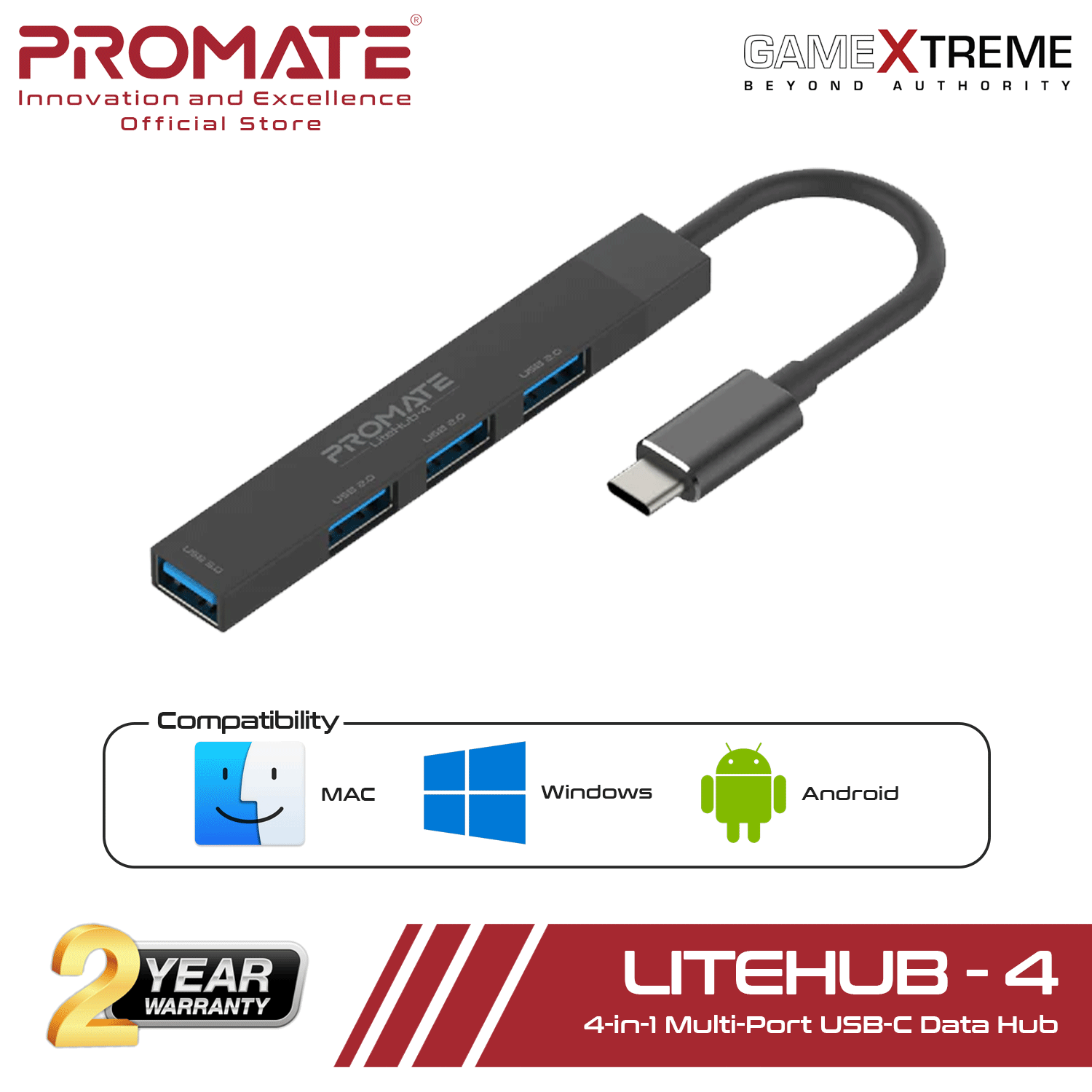 Promate Litehub-4 4-in-1 Multiport USB-C Slim Portable Data Hub | Lazada PH