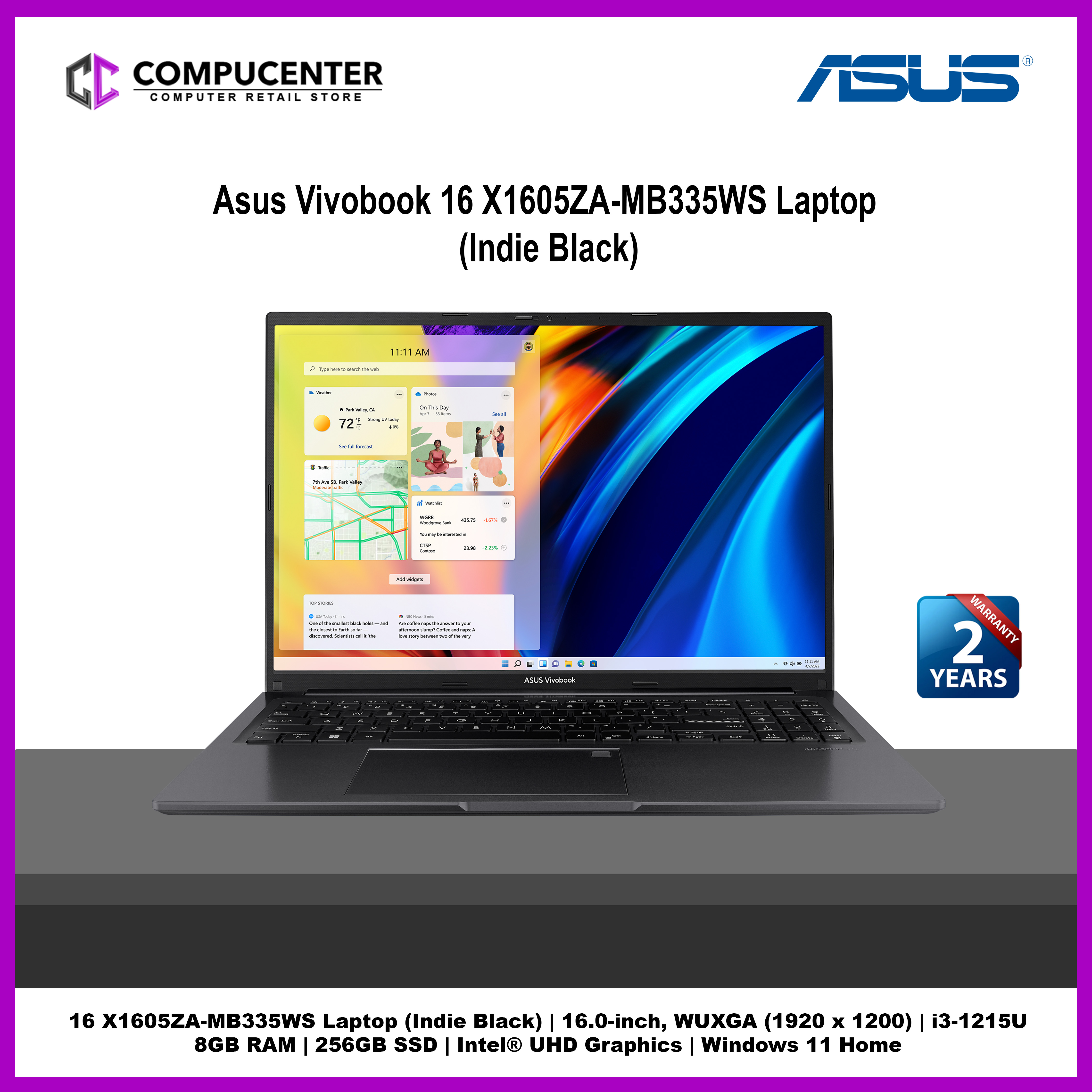 ASUS VivoBook X1605ZA-MB399W Ordinateur Portable 40,6 Cm  16 Mb399w Ordinateur Portable 40 6 Cm 16 Wuxga Intel Core I3 I3 1215u 8 Go Ddr4 S 4711387136294