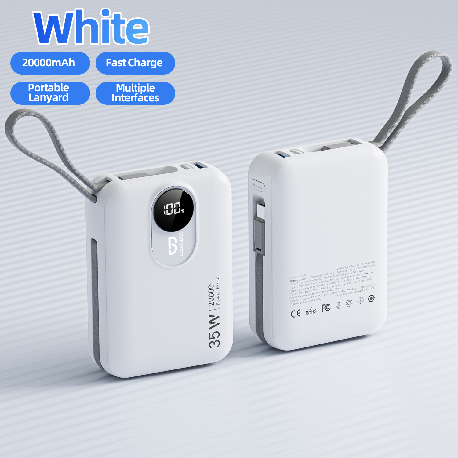 GOOJODOQ PowerBank 20000mAh Large capacity with Built in Cable PD35W  Two-way Fast Charge 12000mah Socket for Iphone Type C Fast Charging