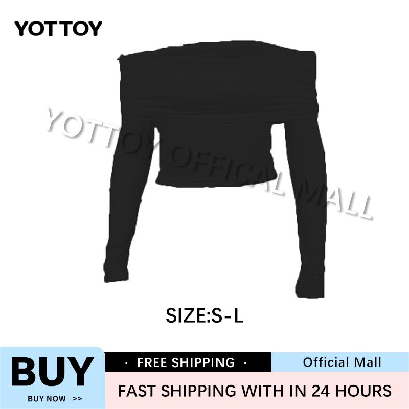 YOTTOY Korean Short Off Shoulder Long Sleeve T-shirt Knitted Casual Sexy  Cropped Top for Woman