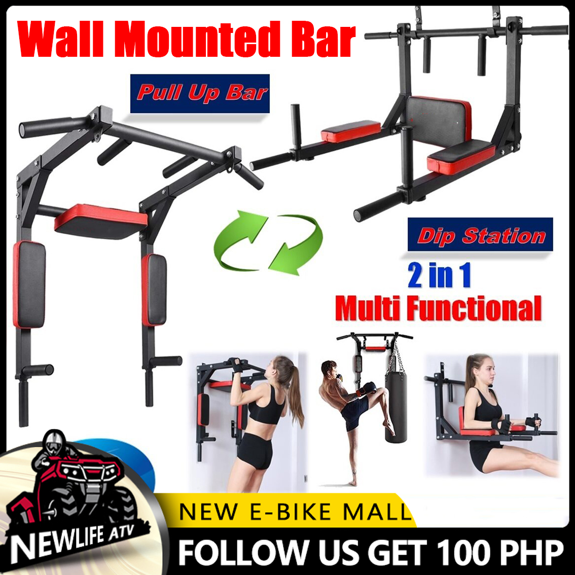 New Life Wall Mounted Chin Up Bar Dip Station Indoor Home Gym