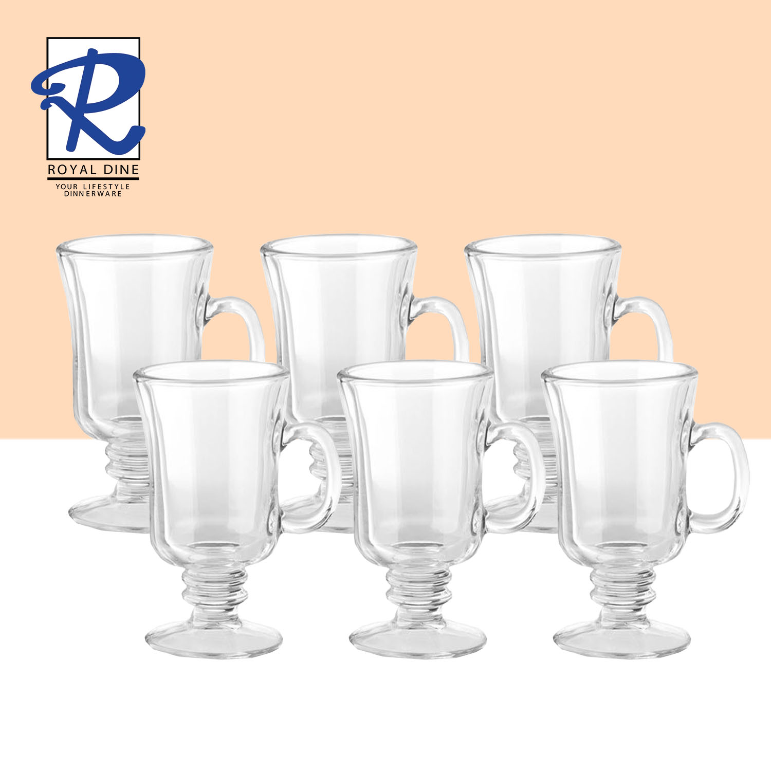 Royal Dine Irish 6pc 250 ml Glass Coffee Mug Set Footed Glass Latte Cup
