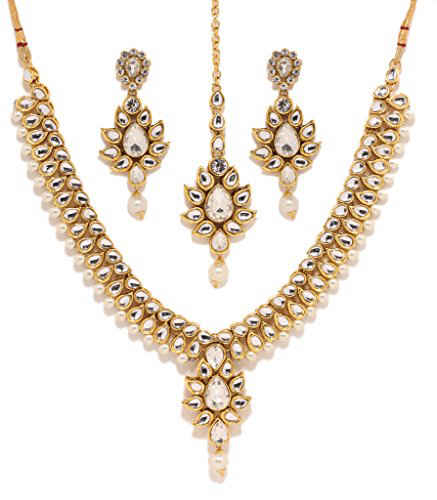 Bindhani Womens Indian Style Jewelry Bridal Wedding Crafted Brides Fashion Gold Plated Austrian Crystal Rhinestone Necklace Earrings Tikka Bollywood Party Wear Jewellery Tika Set for Bridemaids 