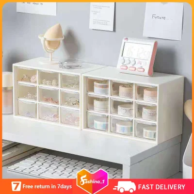 <24h delivery>New pull push transparent Dust-proof Drawer 9 Grid Storage Box Desktop Stationery Jewelry Hand Account Cosmetic Storage Box Wall Mountable Save Space Office Accessories Stationery desktop storage organizing box
